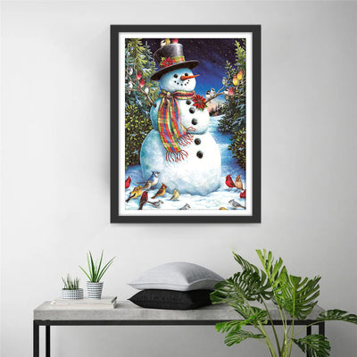 Bonhomme de Neige et Mésanges Broderie Diamant