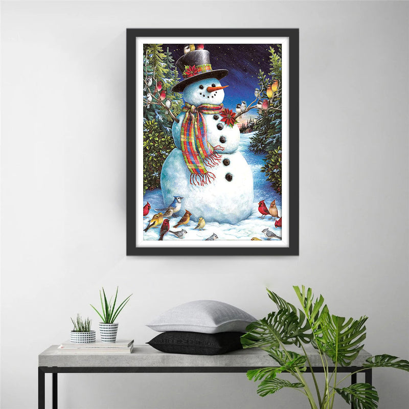 Bonhomme de Neige et Mésanges Broderie Diamant
