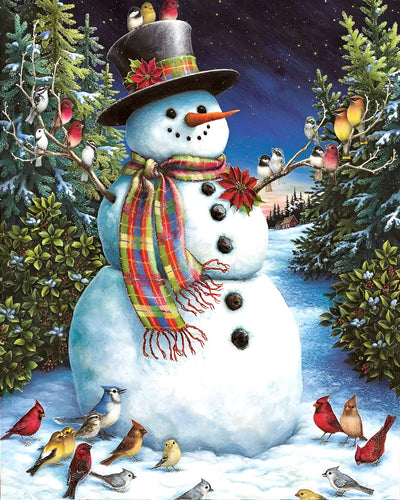 Bonhomme de Neige et Mésanges Broderie Diamant
