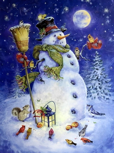 Bonhomme de Neige et Mésanges Broderie Diamant