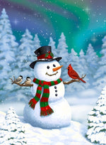 Bonhomme de Neige et Mésanges Rouge et Grises Broderie Diamant