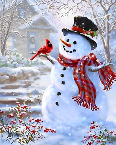 Bonhomme de Neige et Petit Oiseau du Matin Broderie Diamant