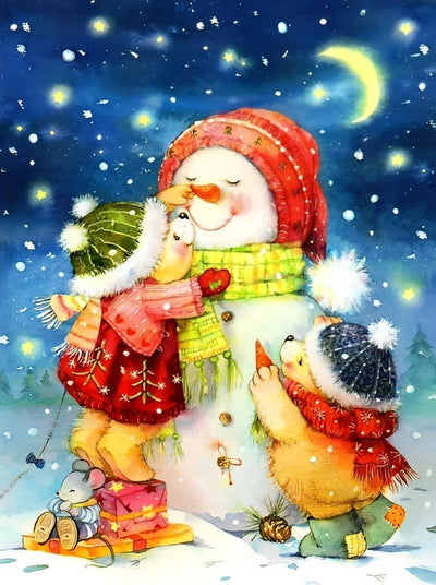 Bonhomme de Neige et Petites Poupées d'Ours Broderie Diamant