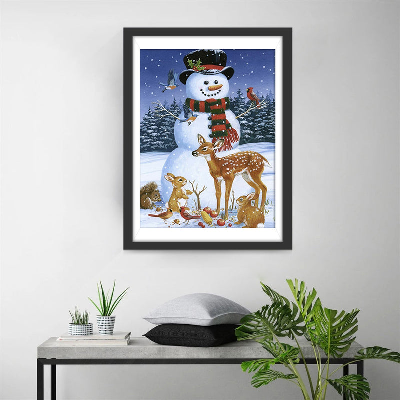 Bonhomme de Neige et Petits Animaux dans la Forêt Broderie Diamant