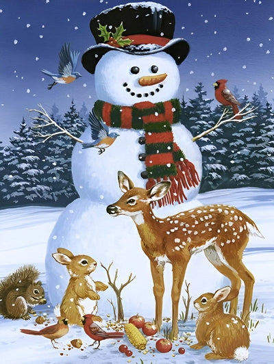 Bonhomme de Neige et Petits Animaux dans la Forêt Broderie Diamant