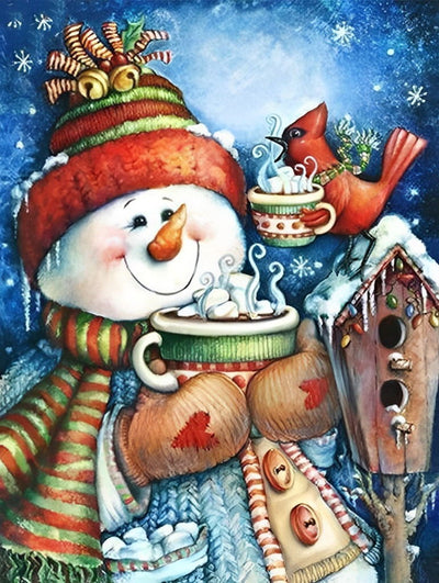 Bonhomme de Neige et Une Tasse de Chocolat Chaud Broderie Diamant