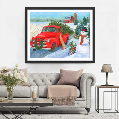 Bonhomme de Neige et Voiture Rouge Broderie Diamant