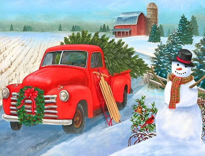 Bonhomme de Neige et Voiture Rouge Broderie Diamant