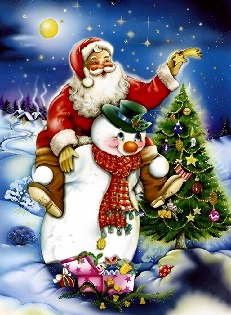 Bonhomme de Neige Portant le Père Noël Broderie Diamant