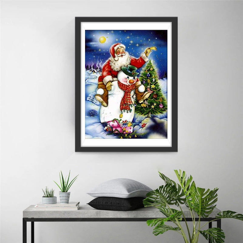Bonhomme de Neige Portant le Père Noël sur Son Dos Broderie Diamant