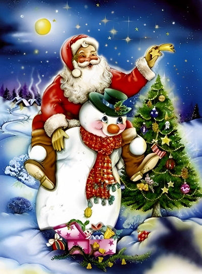 Bonhomme de Neige Portant le Père Noël sur Son Dos Broderie Diamant