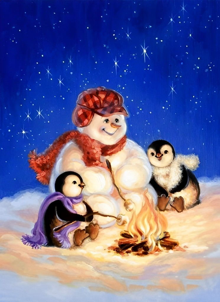 Bonhomme de Neige près du Feu avec les Pingouins Broderie Diamant