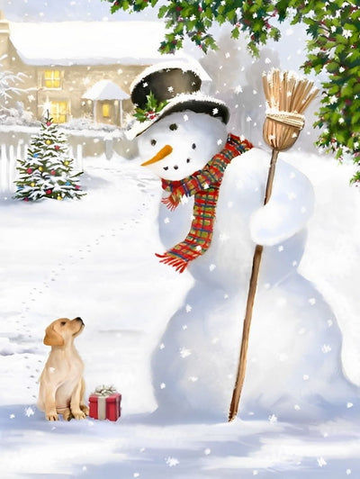 Bonhomme de Neige Regardant le Chien Broderie Diamant
