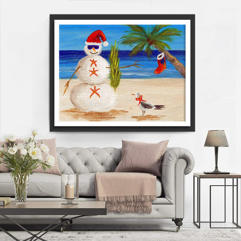 Bonhomme de Neige sur la Plage Broderie Diamant