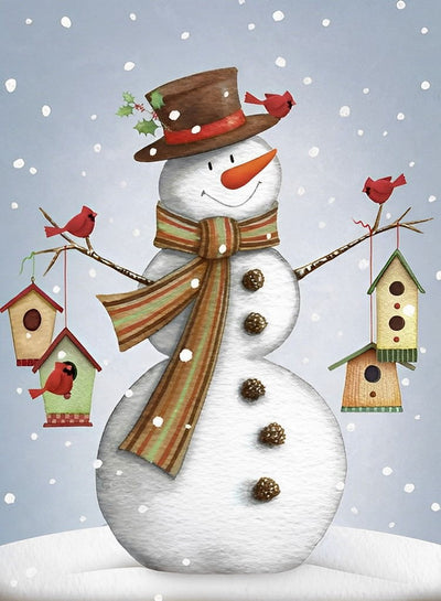 Bonhomme de Neige Tenant des Cabanes à Oiseaux Broderie Diamant