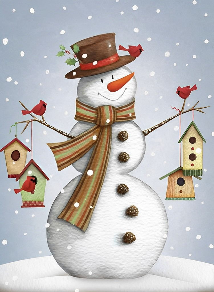 Bonhomme de Neige Tenant des Cabanes à Oiseaux Broderie Diamant