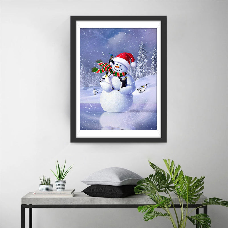 Bonhomme de Neige Tenant Pingouins dans ses Bras Broderie Diamant