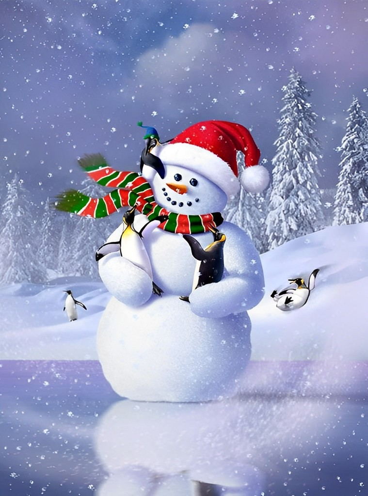 Bonhomme de Neige Tenant Pingouins dans ses Bras Broderie Diamant