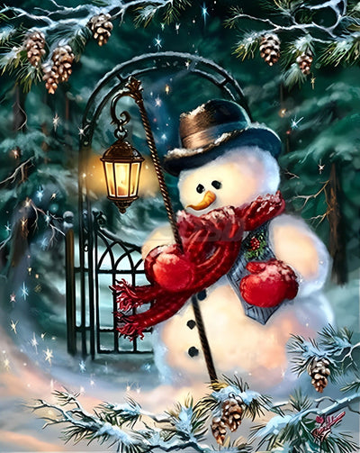 Bonhomme de Neige Tenant une Lampe Broderie Diamant