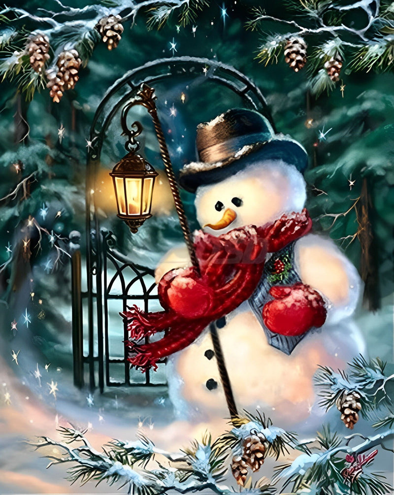 Bonhomme de Neige Tenant une Lampe Broderie Diamant