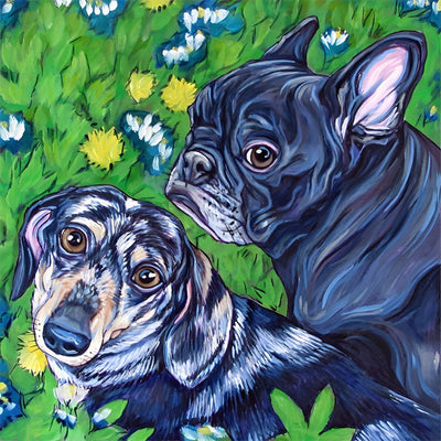 Bouledogue et Teckel sur l'Herbe Broderie Diamant