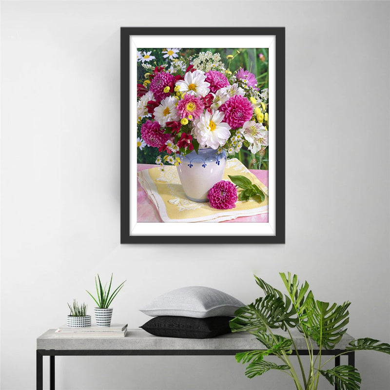 Bouquet de Chrysanthèmes Roses et Blancs Broderie Diamant