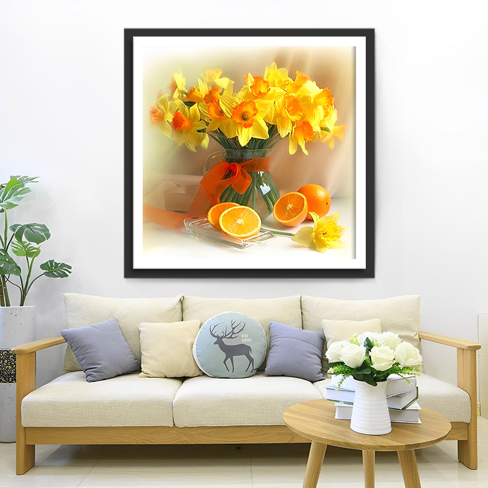 Bouquet de Fleurs Jaunes et les Oranges Broderie Diamant