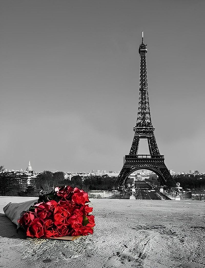 Bouquet de Roses Rouges et Tour Eiffel Broderie Diamant