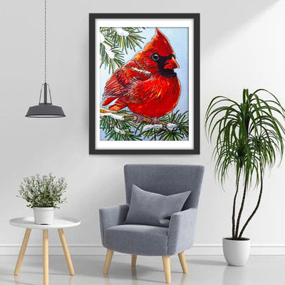Cardinal Rouge sur la Branche de Pin Broderie Diamant