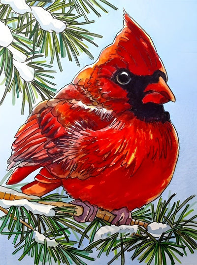 Cardinal Rouge sur la Branche de Pin Broderie Diamant
