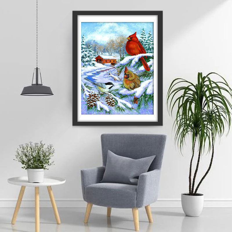 Cardinalidés dans la Neige Broderie Diamant