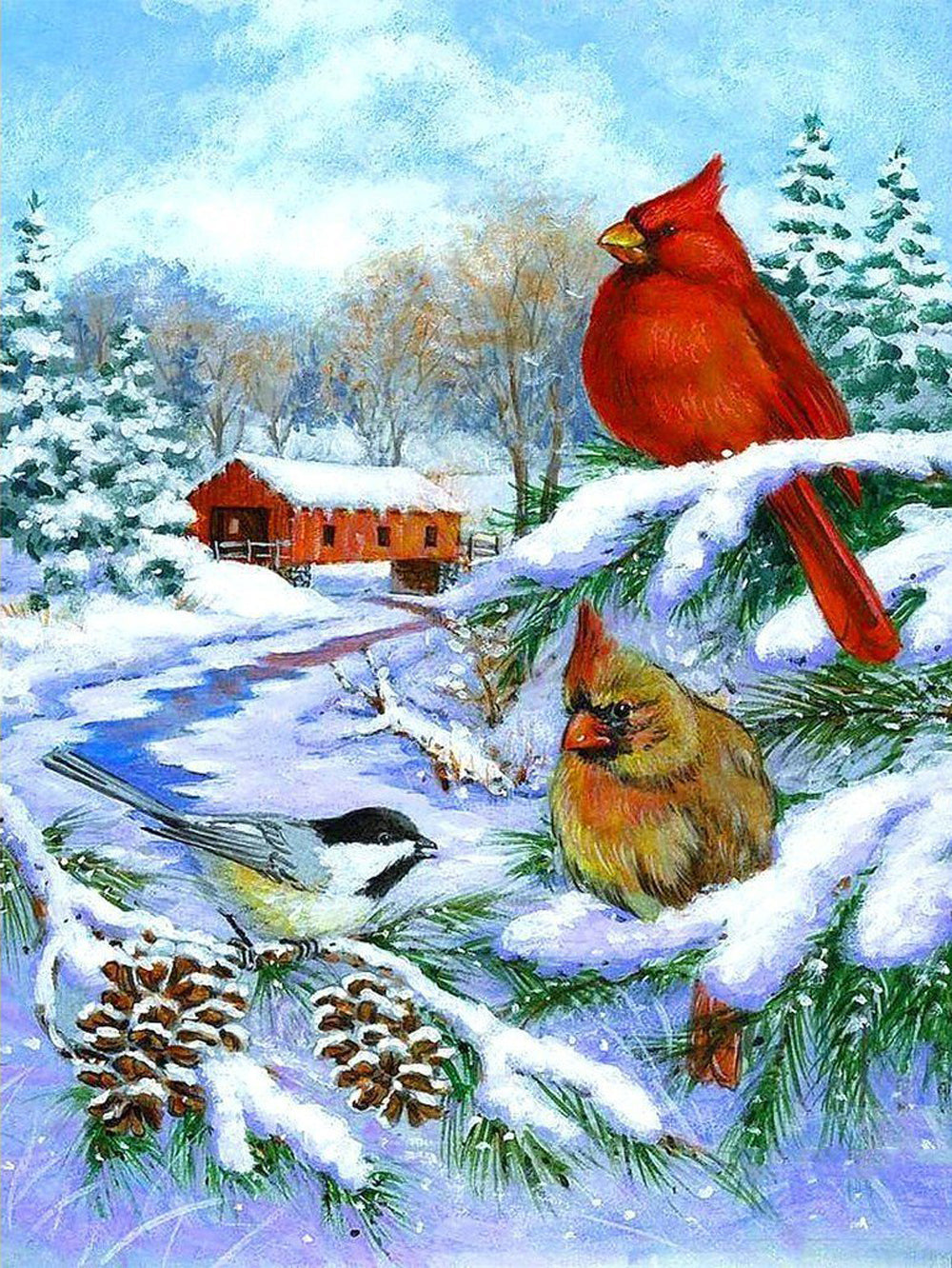 Cardinalidés dans la Neige Broderie Diamant