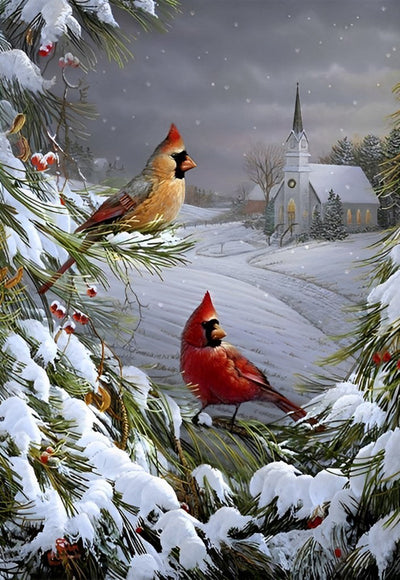 Cardinaux dans la Neige Broderie Diamant