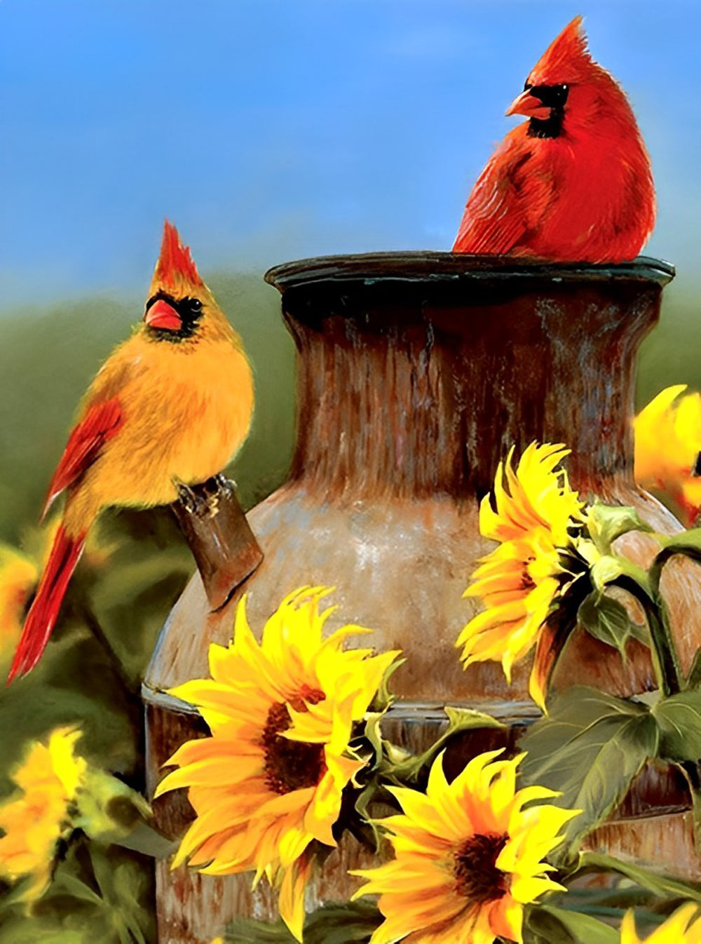 Cardinaux et Pot de Porcelaine Broderie Diamant