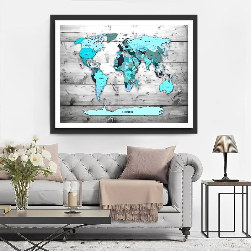Carte du Monde Bleue Broderie Diamant