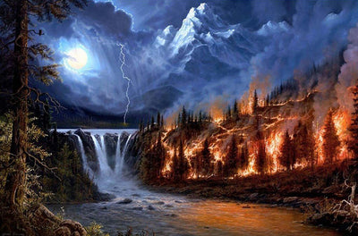 Cascade et Incendie de Montagne Broderie Diamant