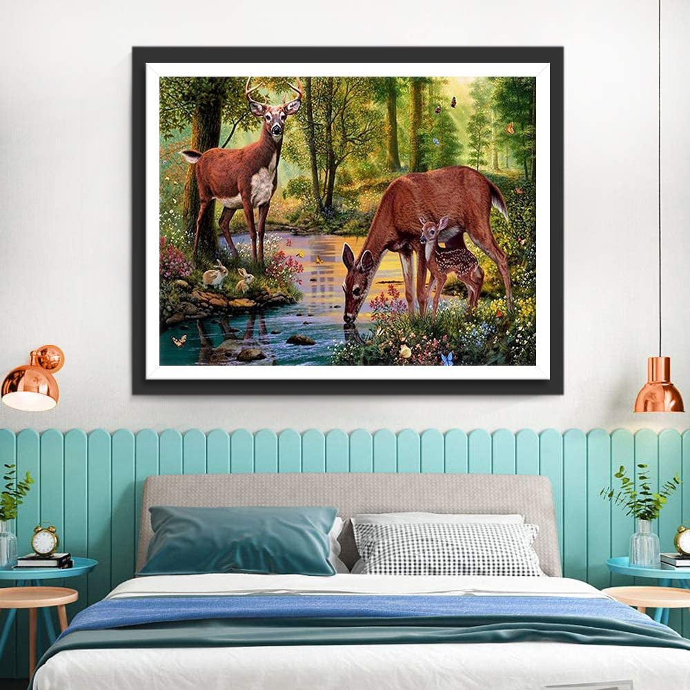 Cerf Couple au Bord du Ruisseau Broderie Diamant