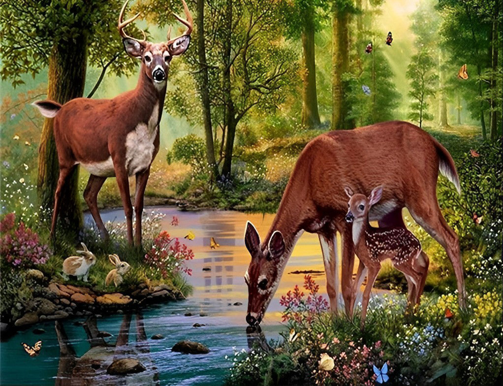 Cerf Couple au Bord du Ruisseau Broderie Diamant