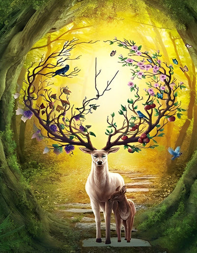 Cerf des Fleurs et Son Bébé Broderie Diamant