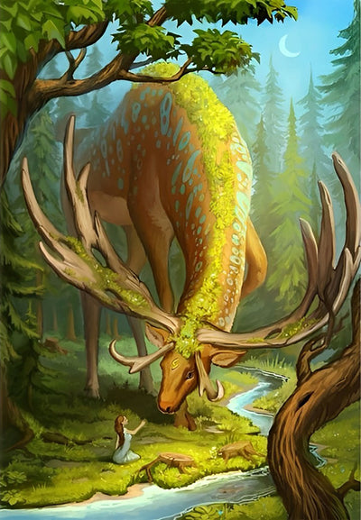 Cerf Enorme et Petite Fille Broderie Diamant