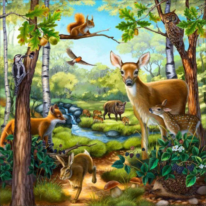 Cerf et Autres Animaux au Bois Broderie Diamant