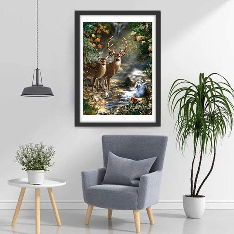 Cerf et Biche avec un Petit Ruisseau Clair Broderie Diamant