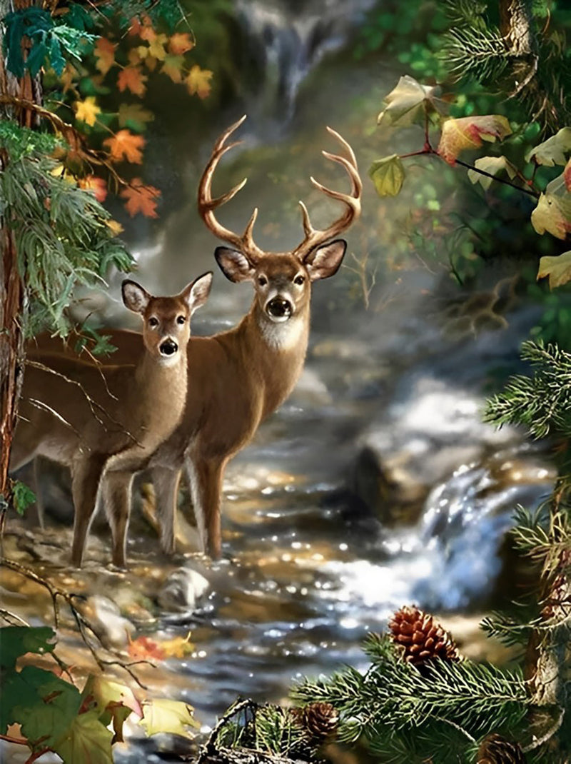 Cerf et Biche avec un Petit Ruisseau Clair Broderie Diamant