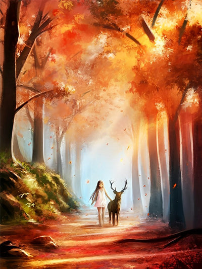 Cerf et Fille au Bois Broderie Diamant