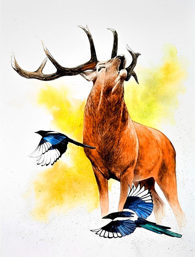 Cerf et les Oiseaux Bleus Broderie Diamant