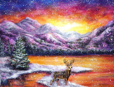 Cerf et Montagnes Violettes Broderie Diamant