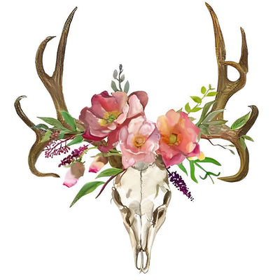 Cerf Squelette et Couronne des Fleurs Roses Broderie Diamant