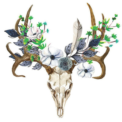 Cerf Squelette et Fleurs Blanches Broderie Diamant