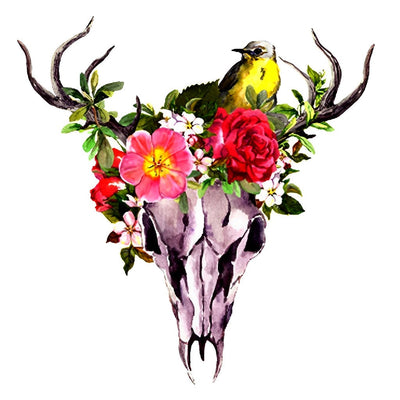 Cerf Squelette et Fleurs Rouges Broderie Diamant