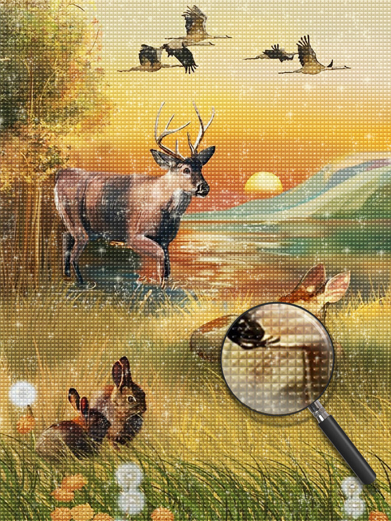 Cerfs et la Rivière Broderie Diamant